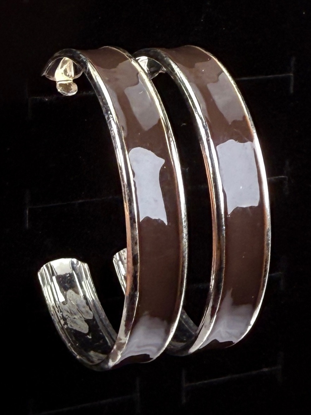 Vintage Silvertone Brown Open Hoop Pierced Earrings